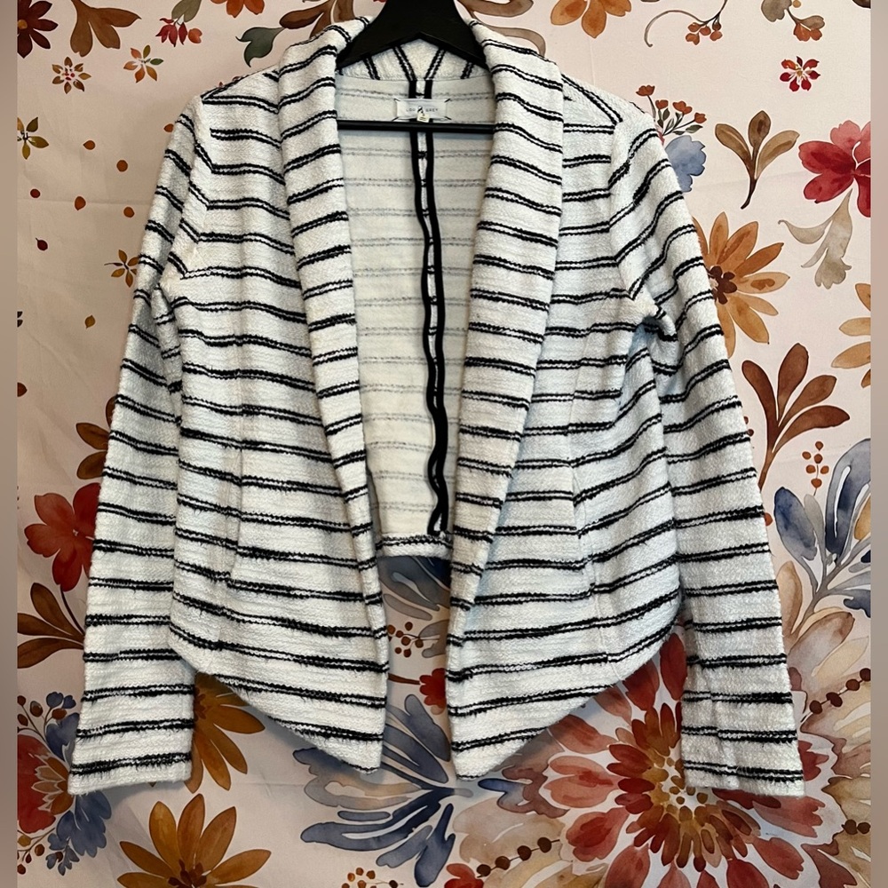 Lou & Grey Womens S Open Blazer Striped Ivory Black Knit Preppy Classic City